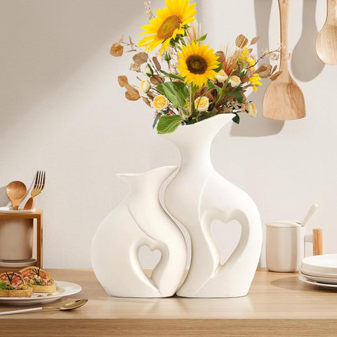 Decorative Ceramic Vase for Flowers, Pampas Grass Vase Height- 25 Cm, White & Black (Pack of 2)