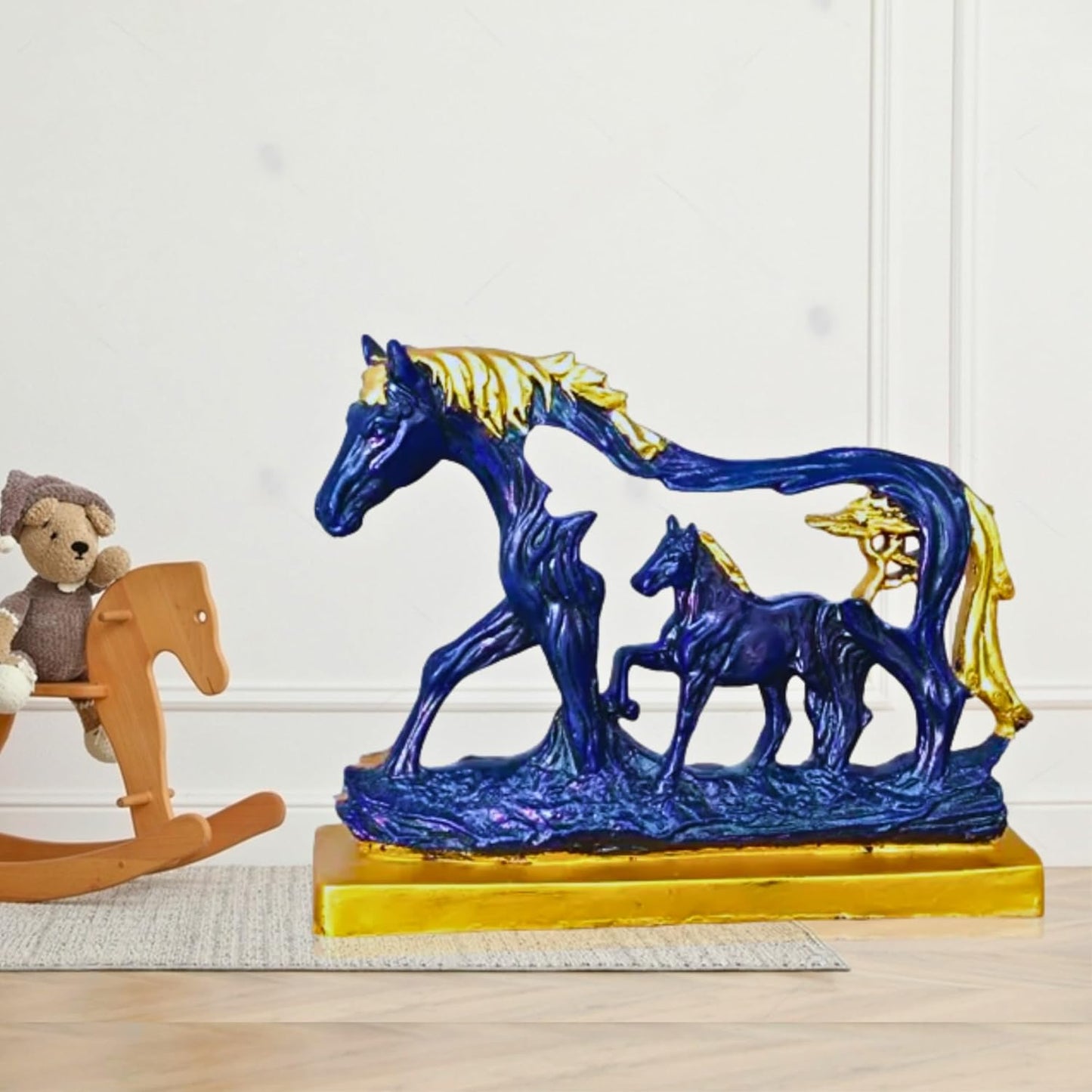Horse Statue with Baby Horse Resin Finish Animal Figurines Gifts for Good Luck (Blue)