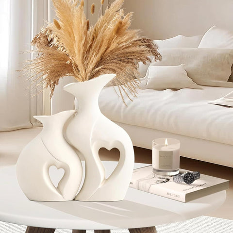 Decorative Ceramic Vase for Flowers, Pampas Grass Vase Height- 25 Cm, White & Black (Pack of 2)