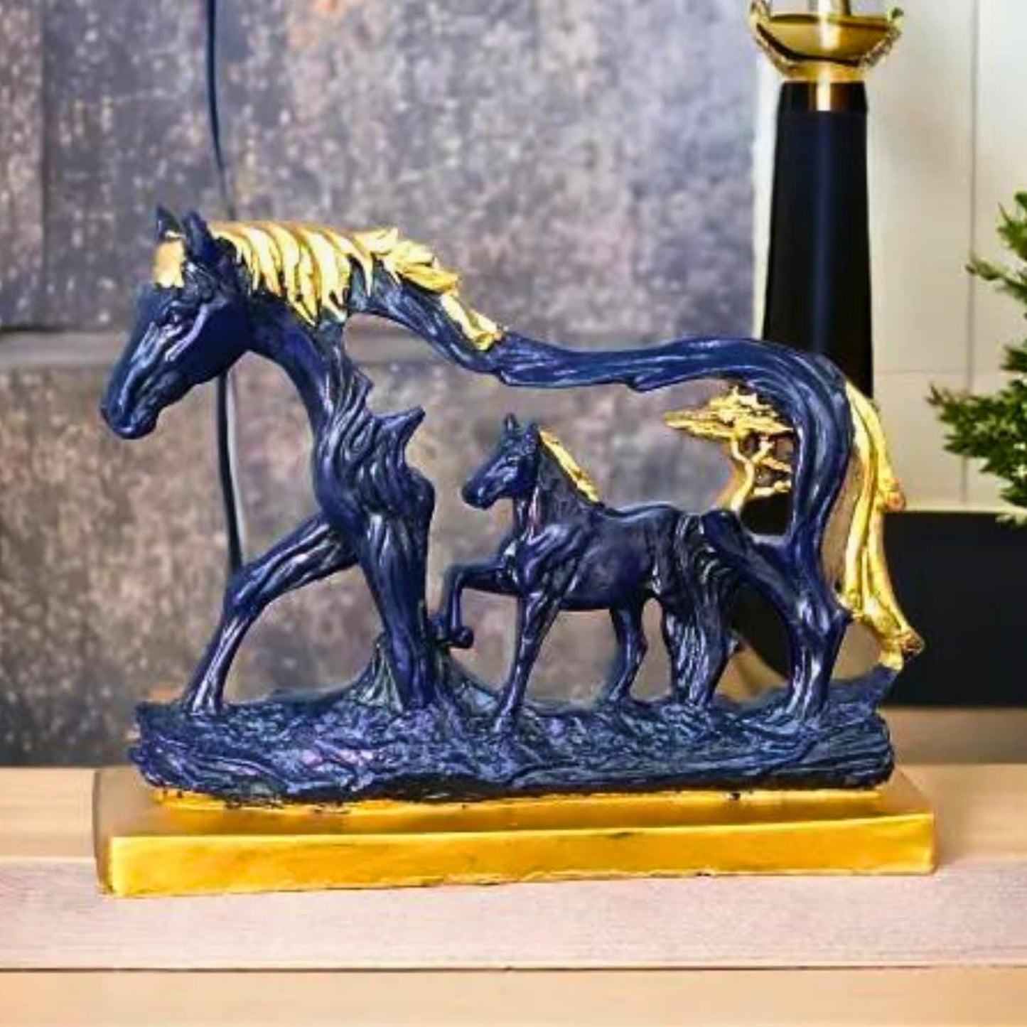 Horse Statue with Baby Horse Resin Finish Animal Figurines Gifts for Good Luck (Blue)