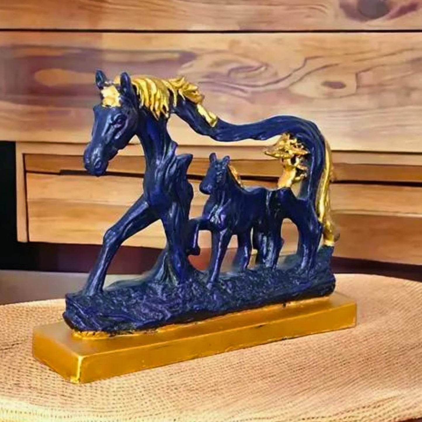 Horse Statue with Baby Horse Resin Finish Animal Figurines Gifts for Good Luck (Blue)
