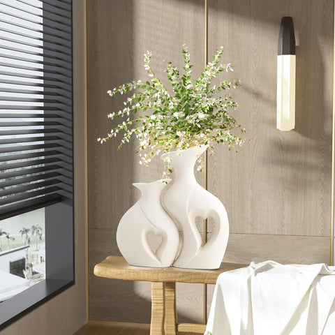 Decorative Ceramic Vase for Flowers, Pampas Grass Vase Height- 25 Cm, White & Black (Pack of 2)