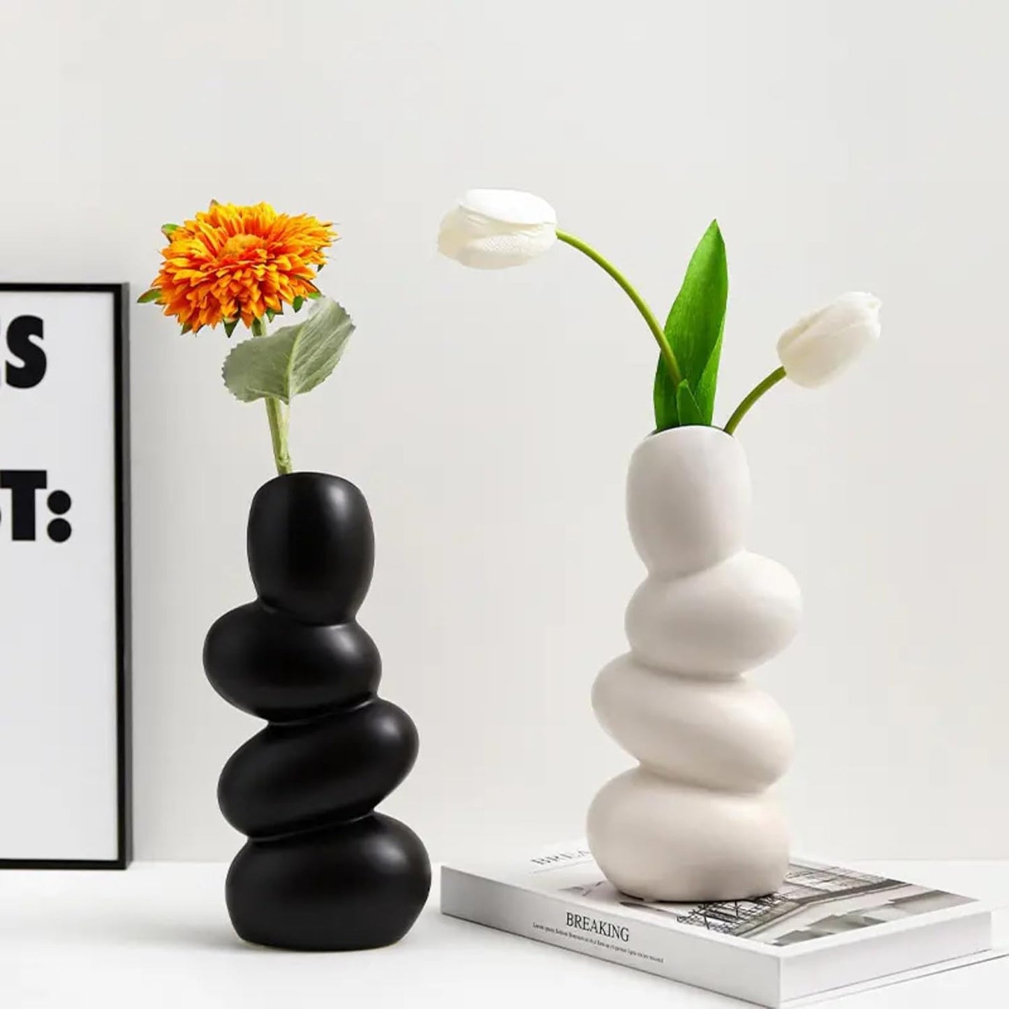Decorative Ceramic Vase for Flowers, Pampas Grass Vase Height- 25 Cm, White & Black (Pack of 2)