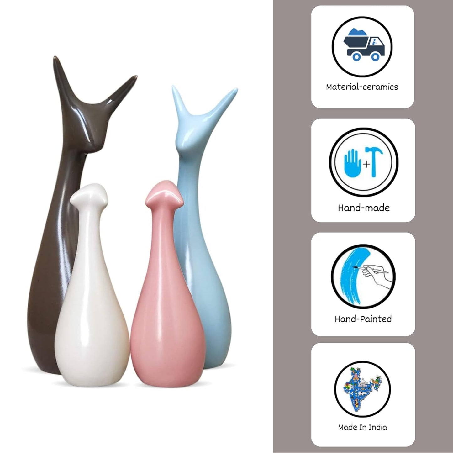 Home Decor Lucky Deer Family Statue Piano Finish Ceramic Figures showpiece for Home Decor Living Room - (Set of 4)