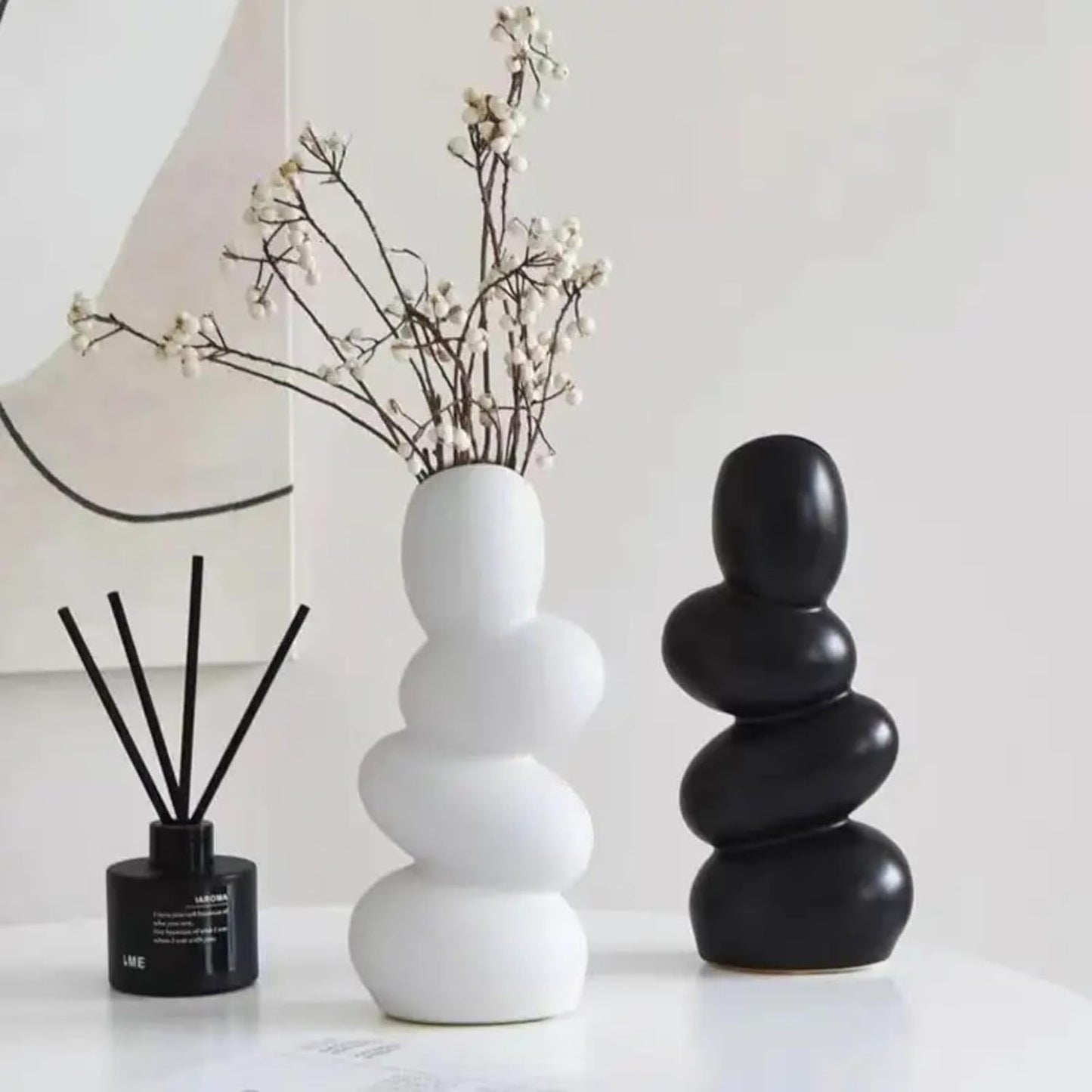 Decorative Ceramic Vase for Flowers, Pampas Grass Vase Height- 25 Cm, White & Black (Pack of 2)