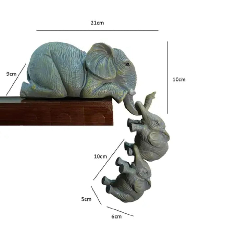 Premium Set of 3 Realistic Elephant Sitter Hand-Painted Figurines, Mother and Two Babies Hanging Off
