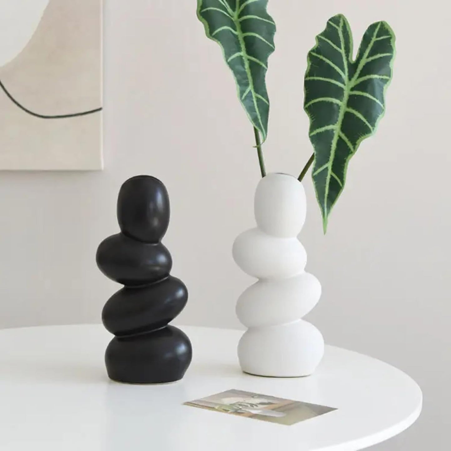 Decorative Ceramic Vase for Flowers, Pampas Grass Vase Height- 25 Cm, White & Black (Pack of 2)