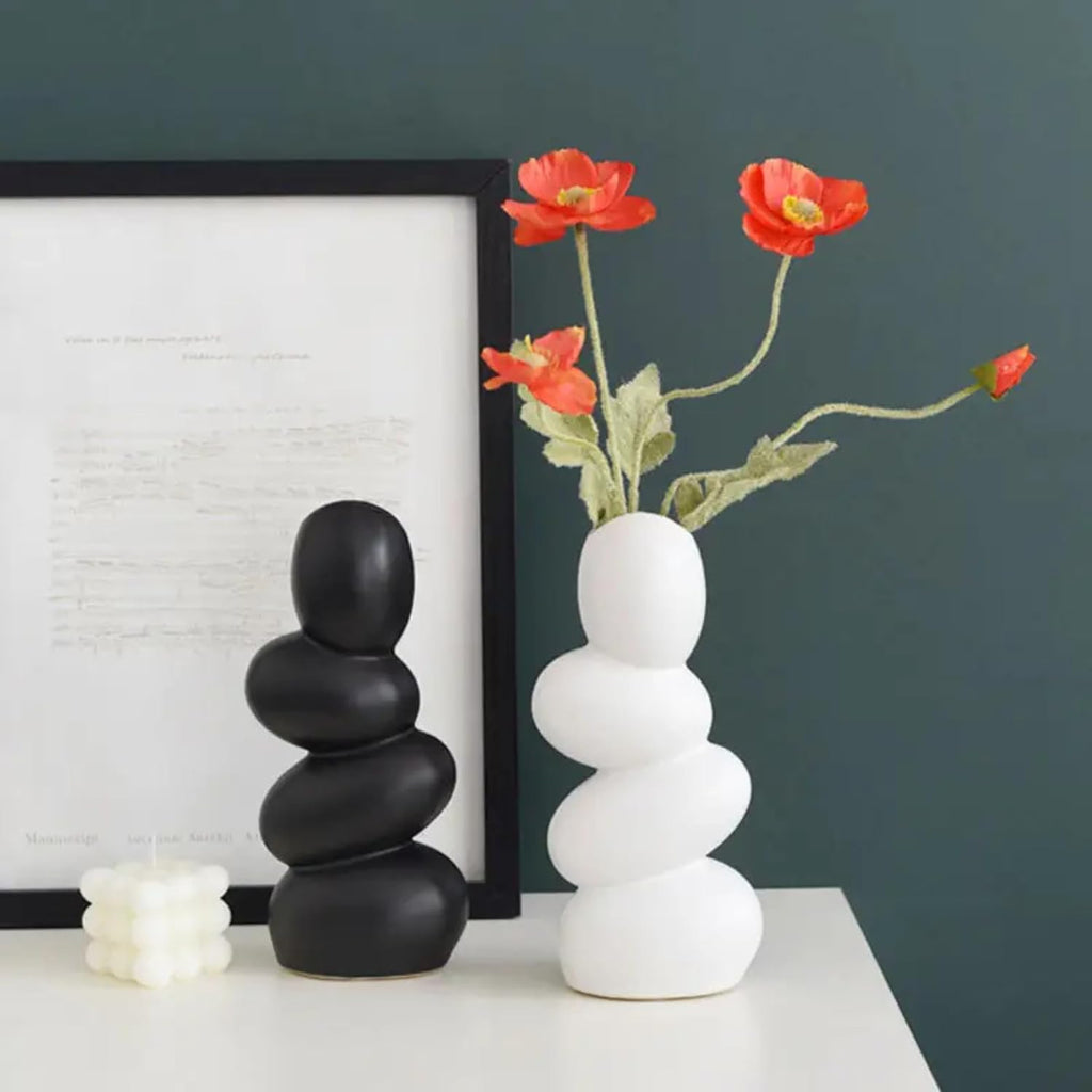 Decorative Ceramic Vase for Flowers, Pampas Grass Vase Height- 25 Cm, White & Black (Pack of 2)