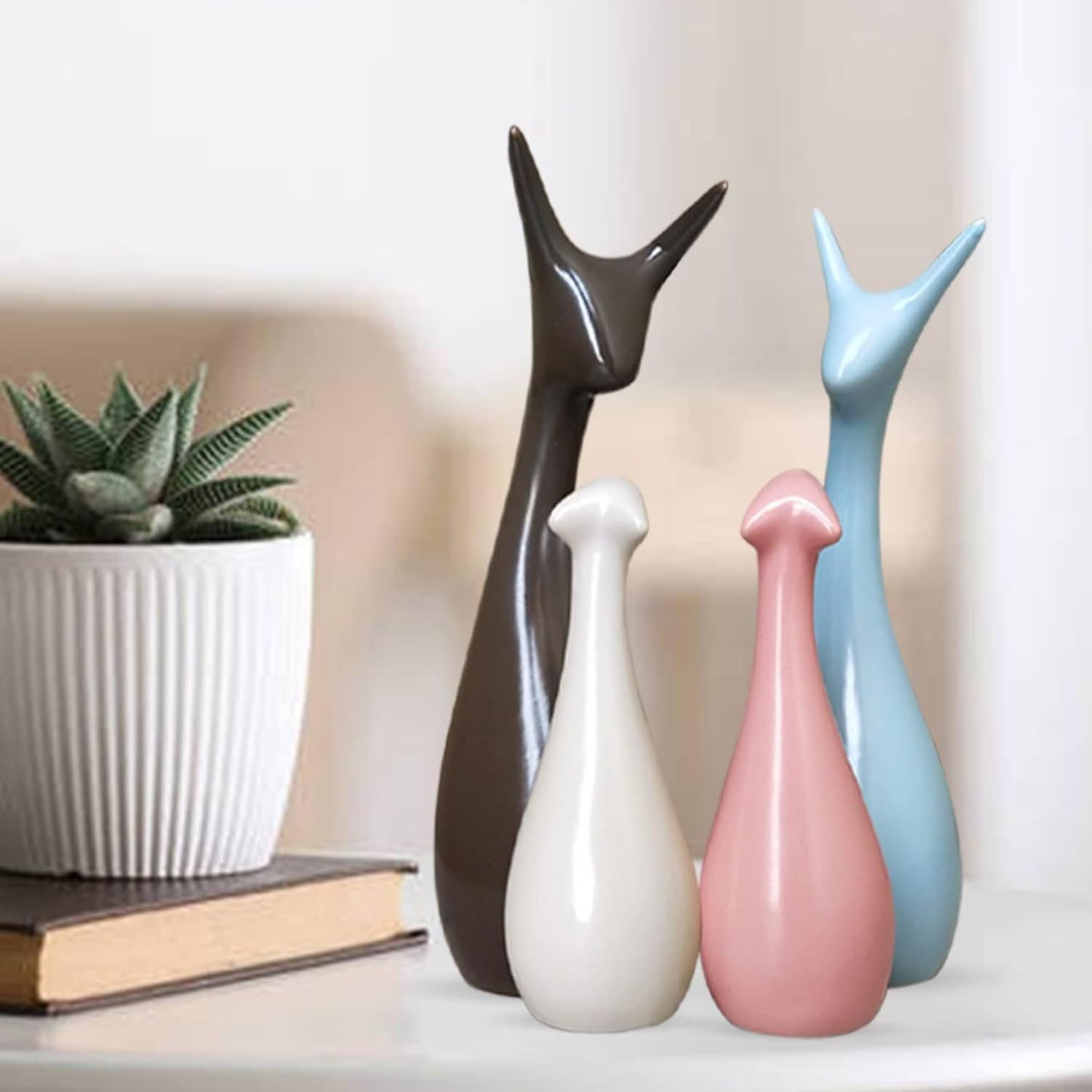 Home Decor Lucky Deer Family Statue Piano Finish Ceramic Figures showpiece for Home Decor Living Room - (Set of 4)