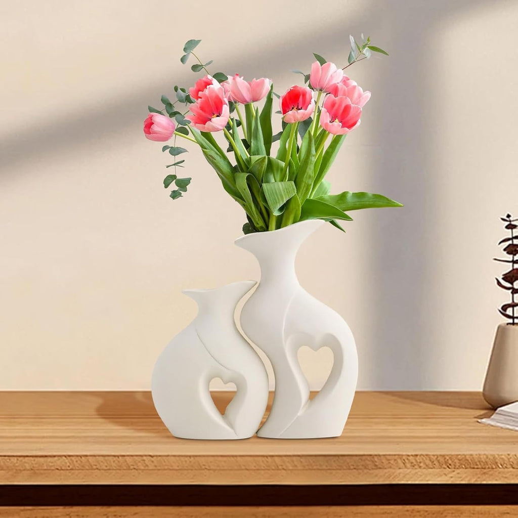 Decorative Ceramic Vase for Flowers, Pampas Grass Vase Height- 25 Cm, White & Black (Pack of 2)