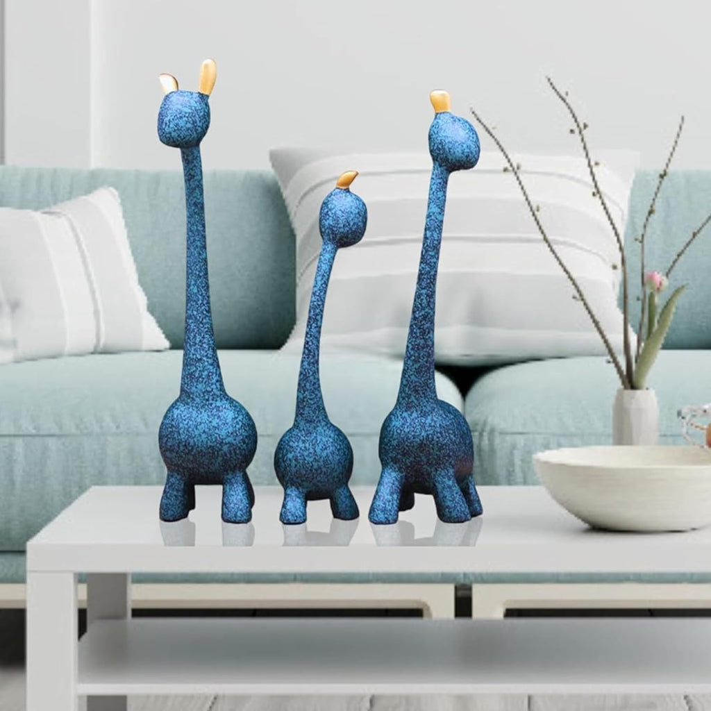 Giraffe Sculpture Family of Three Statues Resin Sculptures for Home Decoration Pack of 3 (Blue Color)