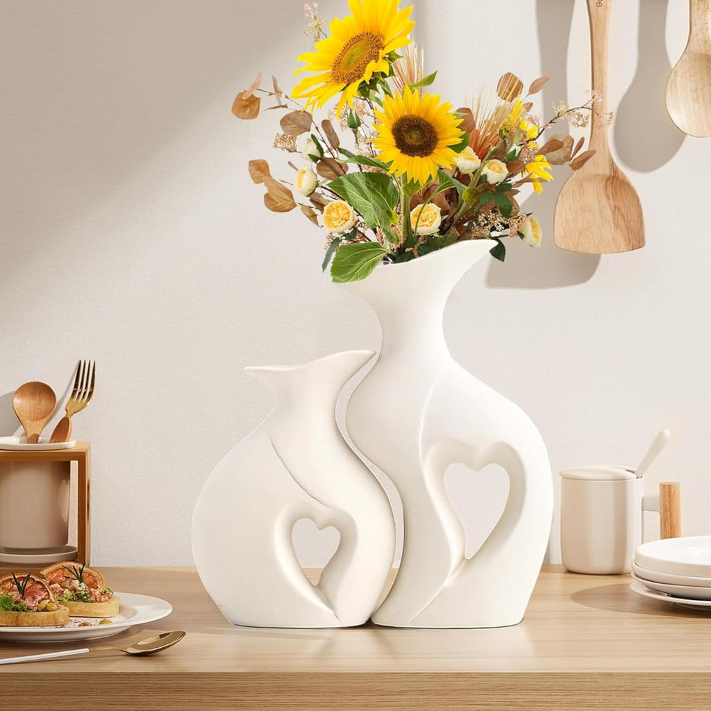 Decorative Ceramic Vase for Flowers, Pampas Grass Vase Height- 25 Cm, White & Black (Pack of 2)