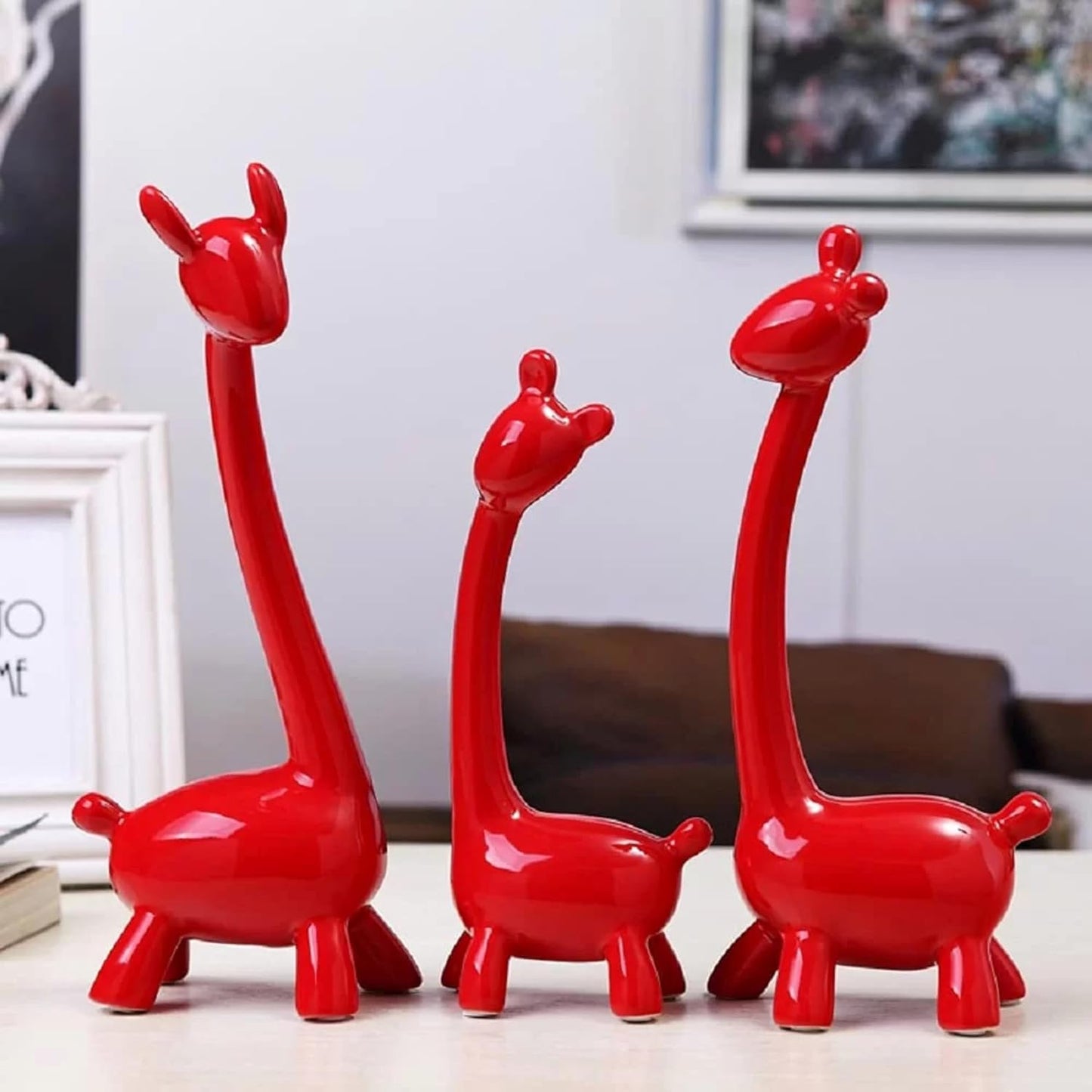 Giraffe Sculpture Family of Three Statues Resin Sculptures Pack of 3 (Red Color)