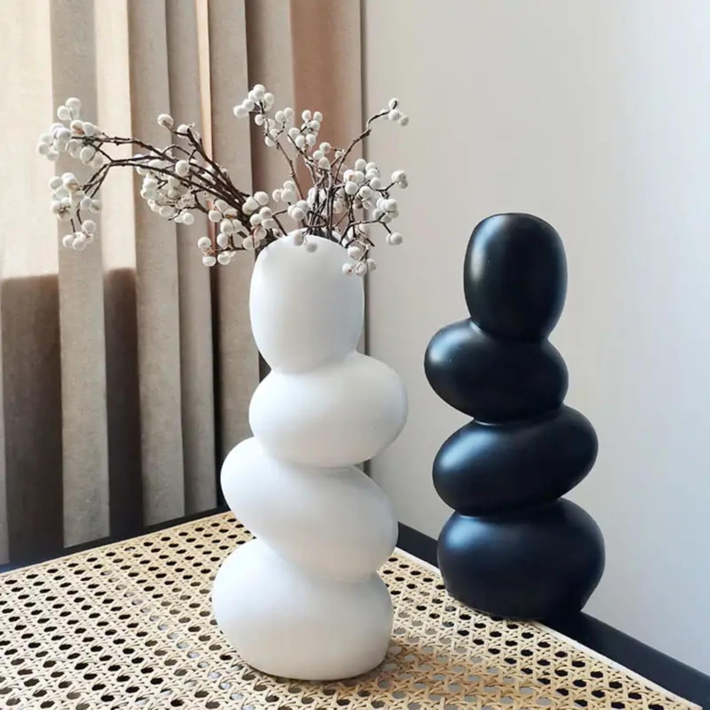 Decorative Ceramic Vase for Flowers, Pampas Grass Vase Height- 25 Cm, White & Black (Pack of 2)