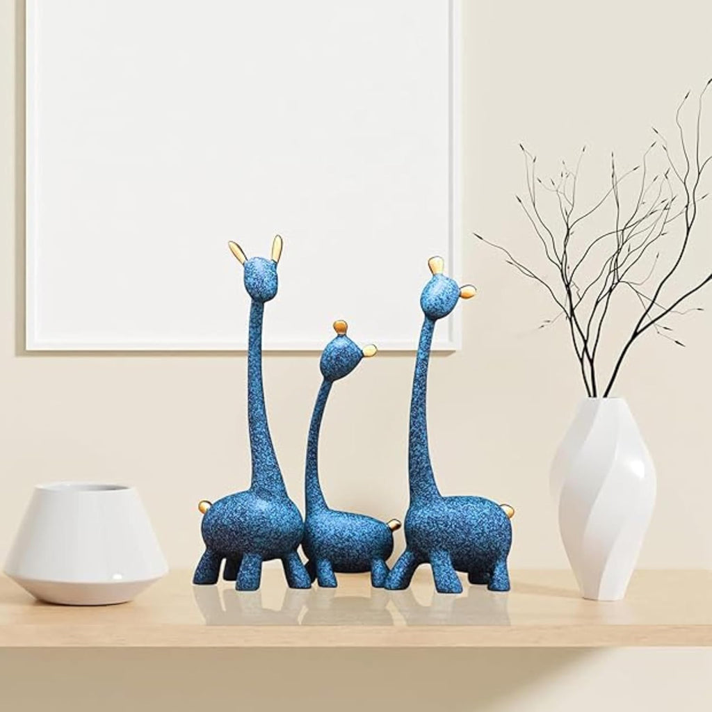 Giraffe Sculpture Family of Three Statues Resin Sculptures for Home Decoration Pack of 3 (Blue Color)