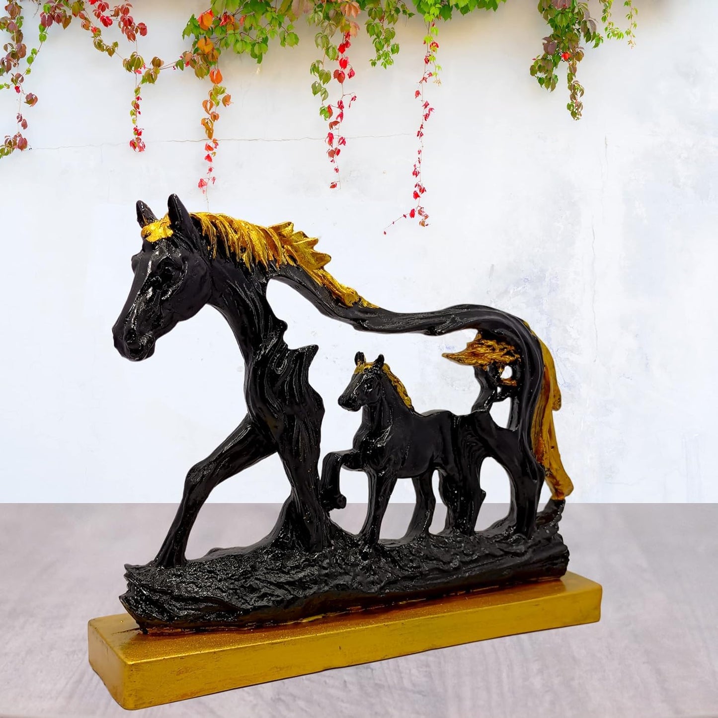 Horse Statue with Baby Horse Resin Finish Animal Figurines Gifts for Good Luck (Black)