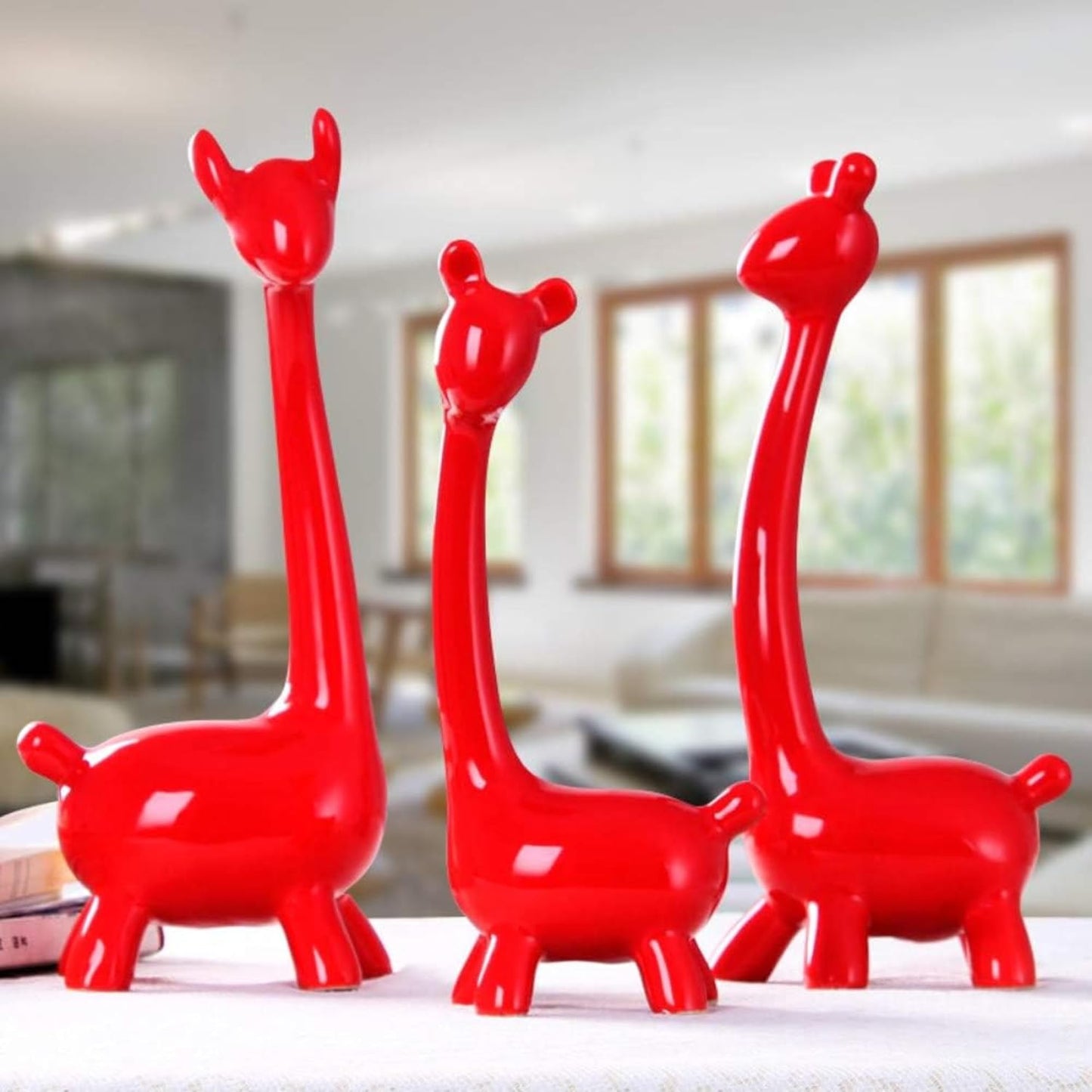 Giraffe Sculpture Family of Three Statues Resin Sculptures Pack of 3 (Red Color)