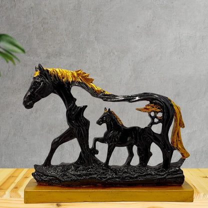 Horse Statue with Baby Horse Resin Finish Animal Figurines Gifts for Good Luck (Black)