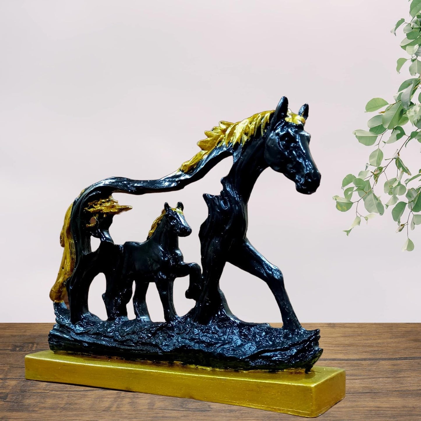 Horse Statue with Baby Horse Resin Finish Animal Figurines Gifts for Good Luck (Black)