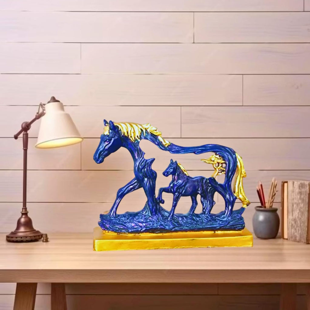 Horse Statue with Baby Horse Resin Finish Animal Figurines Gifts for Good Luck (Blue)