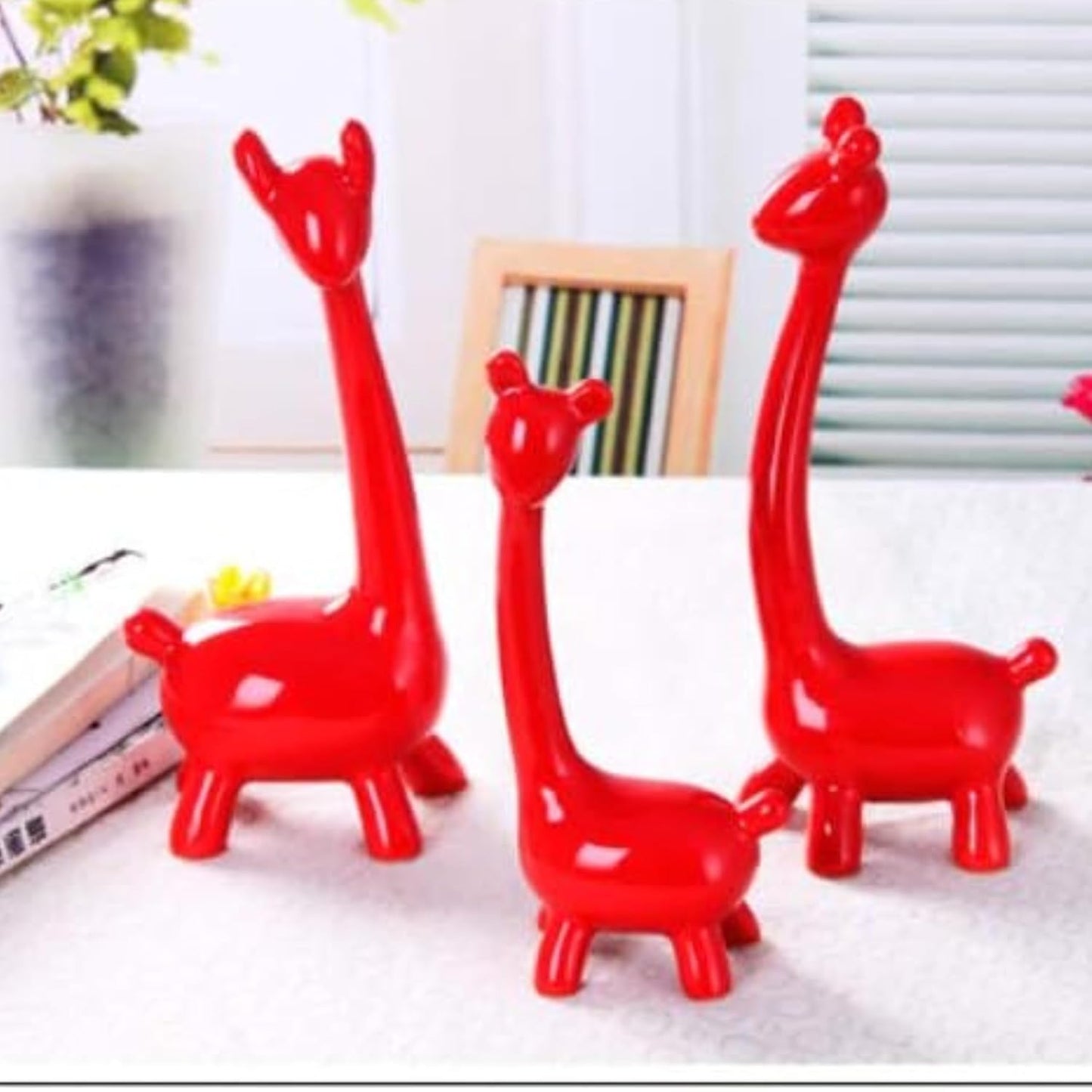 Giraffe Sculpture Family of Three Statues Resin Sculptures Pack of 3 (Red Color)