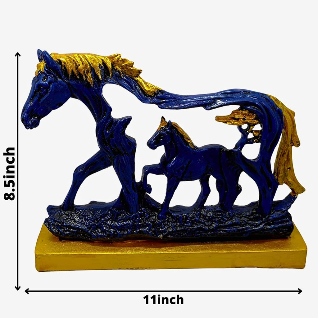 Horse Statue with Baby Horse Resin Finish Animal Figurines Gifts for Good Luck (Blue)