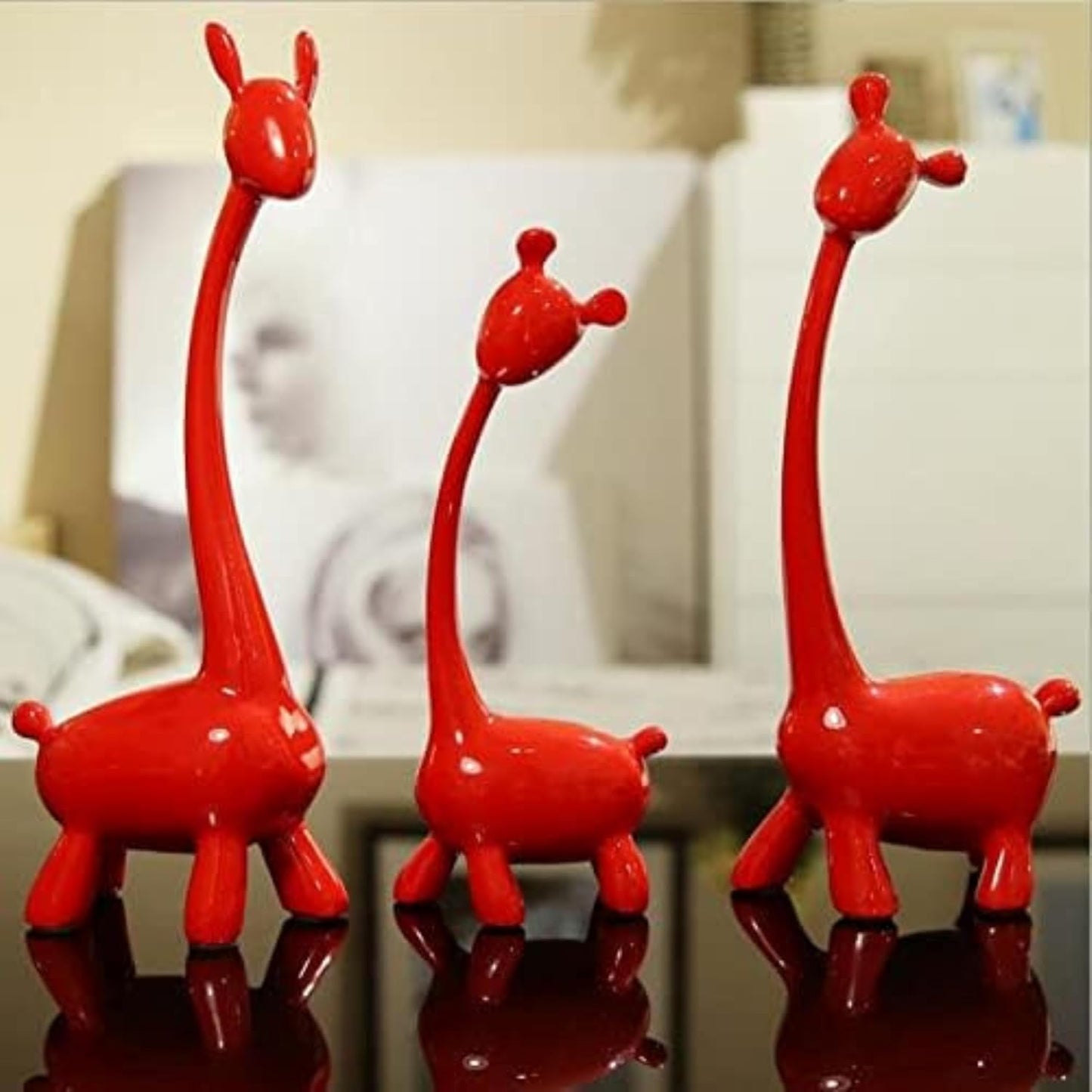 Giraffe Sculpture Family of Three Statues Resin Sculptures Pack of 3 (Red Color)