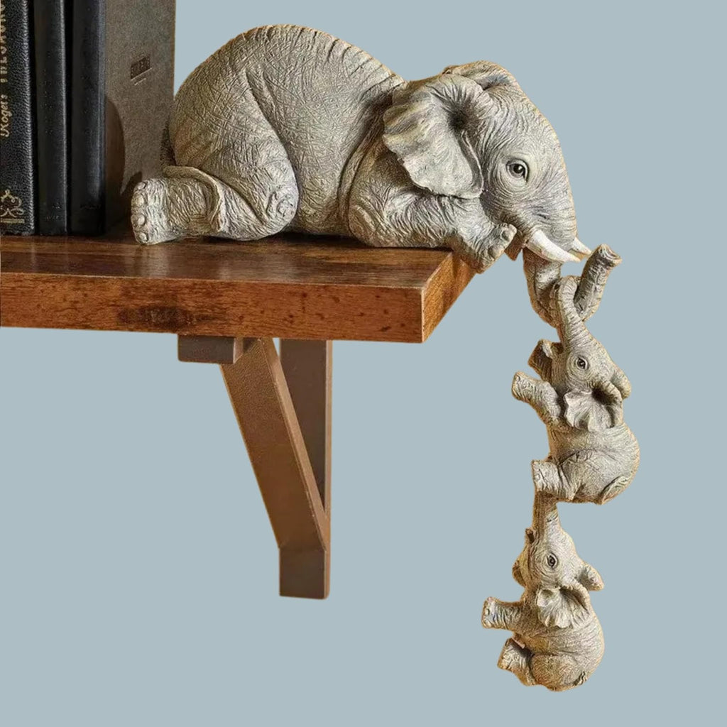 Premium Set of 3 Realistic Elephant Sitter Hand-Painted Figurines, Mother and Two Babies Hanging Off