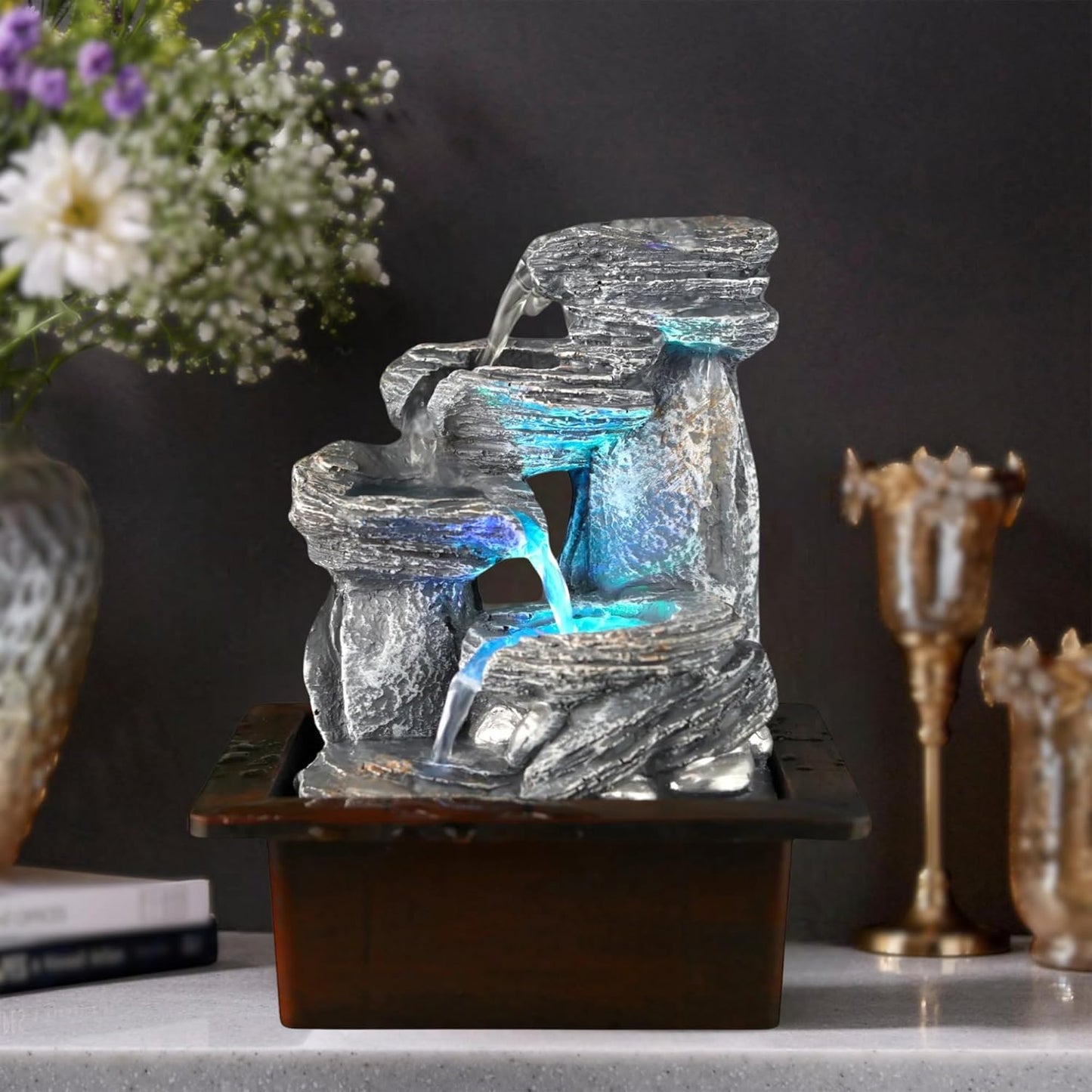 Tabletop Water Fountain, Environmental Resin Meditation Fountain, Indoor Waterfall Feature with Light for Home Office Decor Relaxation