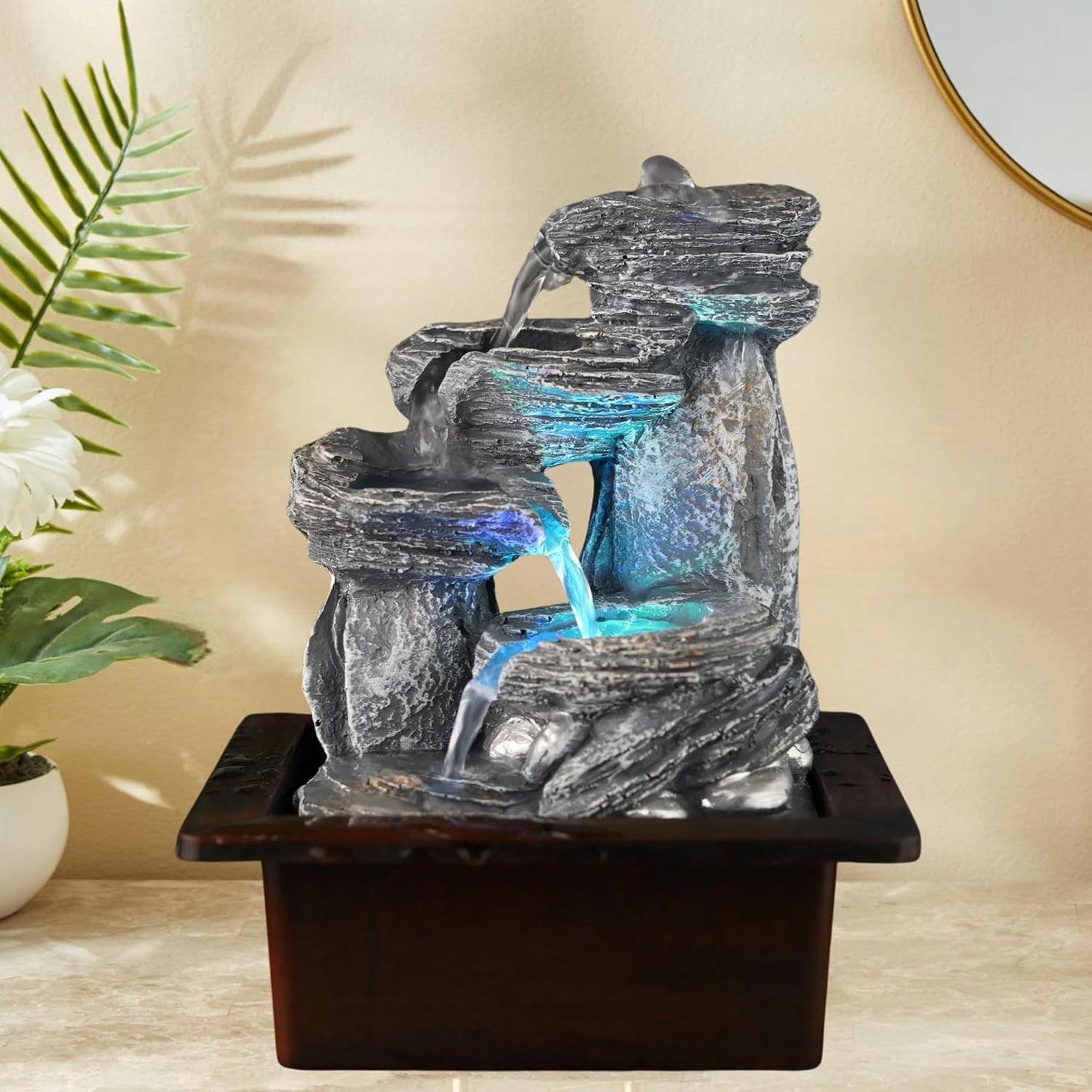 Tabletop Water Fountain, Environmental Resin Meditation Fountain, Indoor Waterfall Feature with Light for Home Office Decor Relaxation