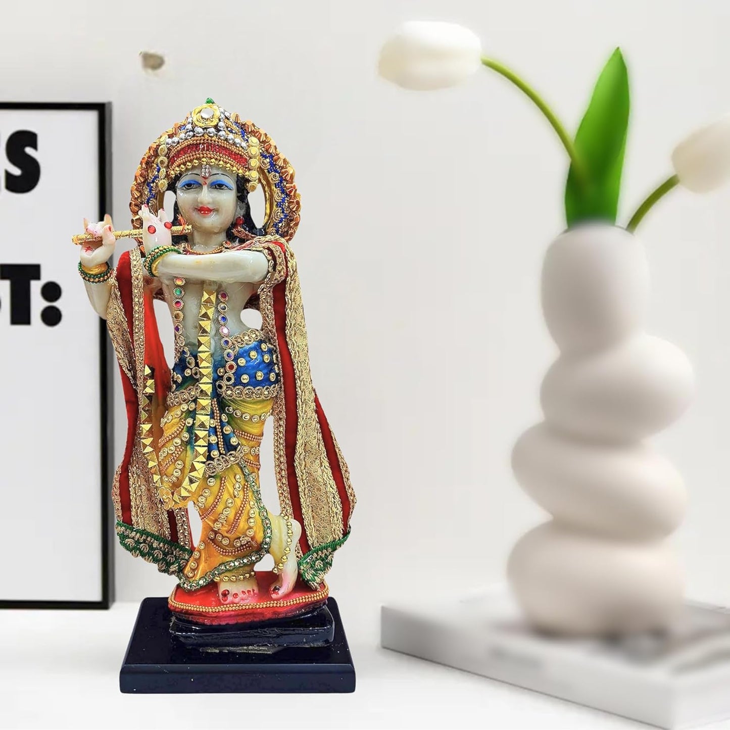 Lord Krishna Idol Decorative Statue | Flute Playing Pose, Kanha Ji Murti for Office Desk (Pack of 1)