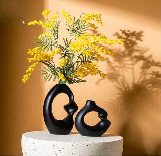 Unique Black Ceramic Donut Vase 8.5 & 5.7 Inch - Set of 2 | Decorative Donut Vase for Dried Flowers & Pampas Grass | Vases for Modern Home Decor, Living Room, Office Decor Ideas