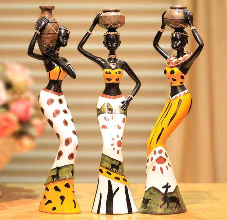 3 Piece Set African Women Figure Art Statues,Women Figure Girls Tribal Lady Figurine Statue, Human Decorative Home Black Figurines Creative Vintage Gift