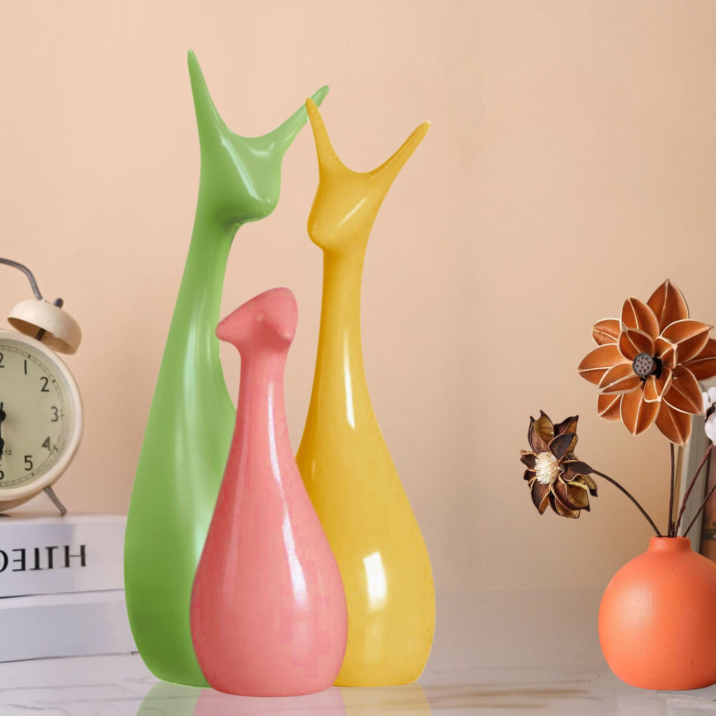 Home Decor Lucky Deer Family Statue Matte Finish Ceramic Figures showpiece for Home Decor Living Room - (Set of 3)